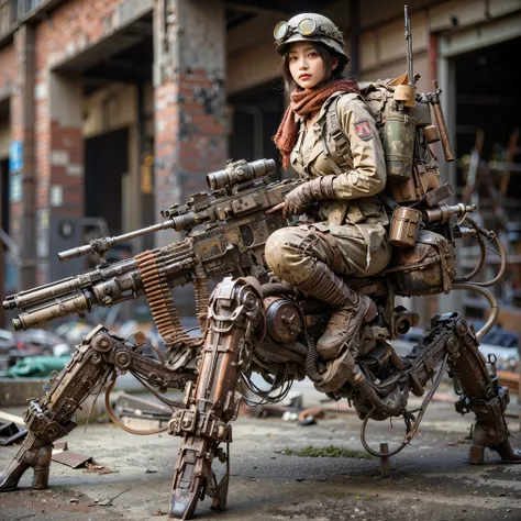 ((super intricate all details)),((super realistic all textures)),Overall photo of a female soldier sitting on a piece of fictional WWII Japanese military type weapon, beautiful face, dirty clothes, very intricate details, olive drab paint, peeling paint, w...