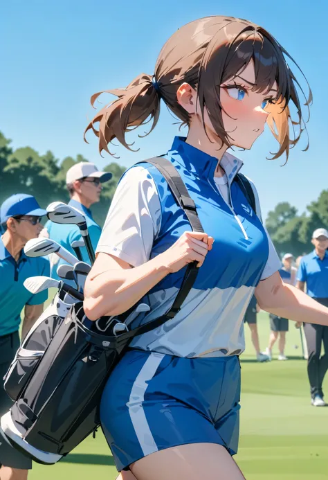 masterpiece, best quality, very aesthetic, absurdres, newest, 1girl, solo, young adult, brown hair, ponytail, medium length hair, blue eyes, looking forward,carrying golf bag, (golf bag) , determined expression, sporty outfit, golf course, sunny day, clear...