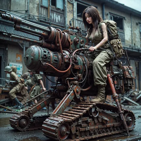 ((super intricate all details)),((super realistic all textures)),Overall photo of a female soldier sitting on a piece of fictional WWII Japanese military type weapon, beautiful face, dirty clothes, very intricate details, olive drab paint, peeling paint, w...