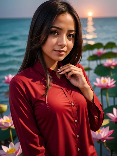 Samia, girl, solo, shirt, looking at you, face, perfect, flowers, high quality,  radiant, night, godly, red shirt, red velvet, water, ocean,  lotus, jenya.d 