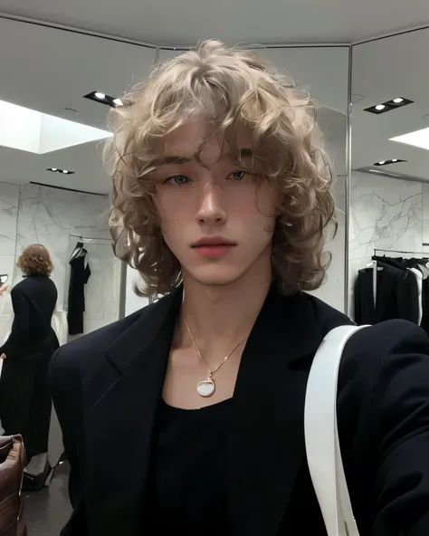 man with curly hair in a black suit and a white bag, he has short curly brown hair, pale skin curly blond hair, curly middle part haircut, with long curly hair, young handsome pale roma, curly blonde hair | d & d, male, very very curly blond hair