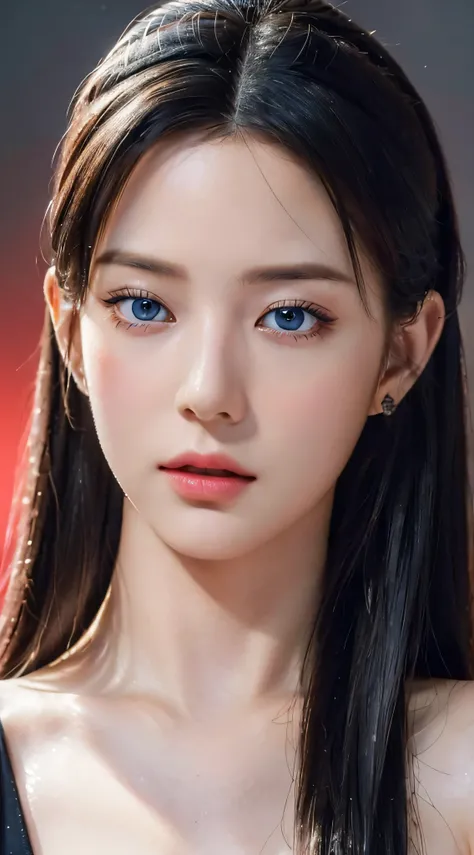 (Best quality,4K,8K,A high resolution,Masterpiece:1.2),Ultra-detailed,(Realistic,Photorealistic,photo-realistic:1.37),beautiful detailed blue eyes,Long black hair in a high bun,Detailed red veil,Portrait,Sharp focus,professional,Vivid colors,Dark backgroun...