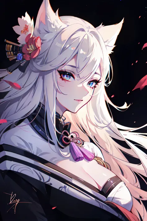 a beautiful fox girl with long white hair, seductive gaze, japanese kimono with black details in hair and tail, extremely detailed face and eyes, 1girl, elegant, photorealistic, cinematic lighting, vibrant colors, fantasy, digital painting, intricate detai...