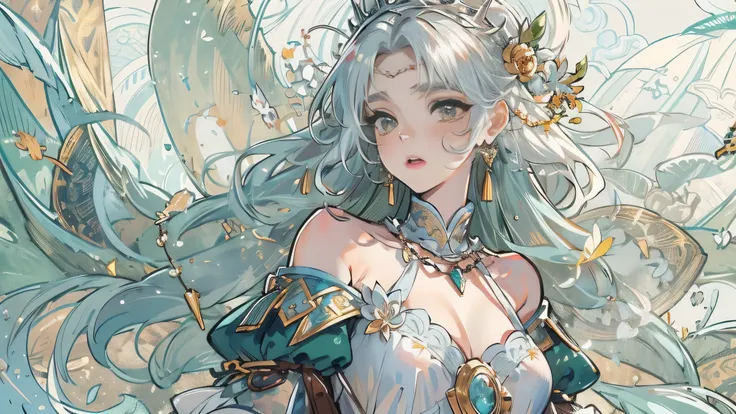 Thick acrylic illustration on pixiv, gorgeousEuropean girl, by Kawacy, by john singer sargent,Masterpiece upper body, Silver white long hair,European noble clothing, green tone, willowsunny day, Exquisite and complex clothing, softcolor, crystal necklace, ...