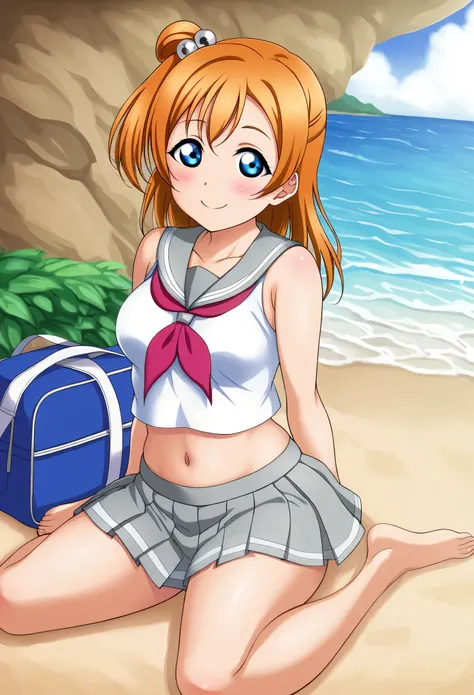 Masterpiece, best quality, love live style,solo , honoka kousaka, blue eyes, orange hair,blush, smile, skirt, sitting, sleeveless, pleated skirt, sitting,wariza, barefoot, serafuku, grey skirt, uranohoshi ,navel,beach ,thicc thighs