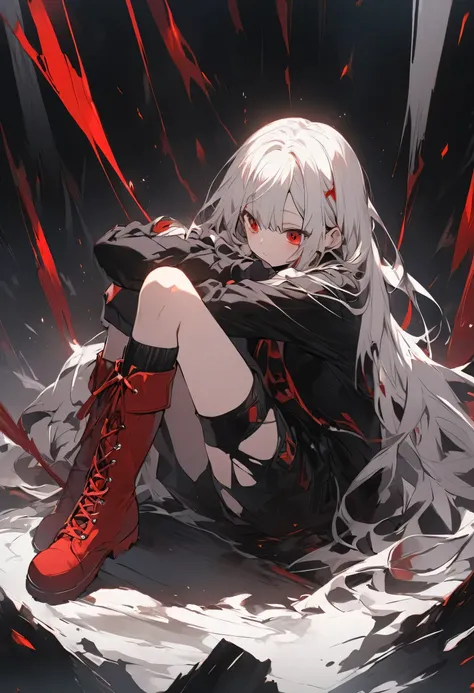 Have long hair、Wearing black clothing with ripped details、A girl in red boots、Illustration of a person sitting with one leg bent up。The background is dark、The white and red accents are dynamic.、It expresses a strong atmosphere