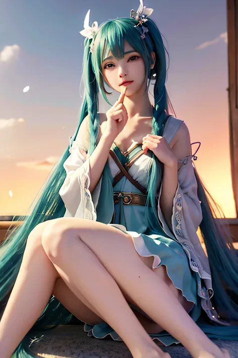 Hatsune Miku、(Surreal), (one example), (High resolution), (8K), (Very detailed), (Best example), (Beautiful and delicate eyes), (Best quality), (Super detailed), (Master of Peace), (wallpaper), (Delicate face), Solitary, 1 Girl, Noble dress、white hair, Het...