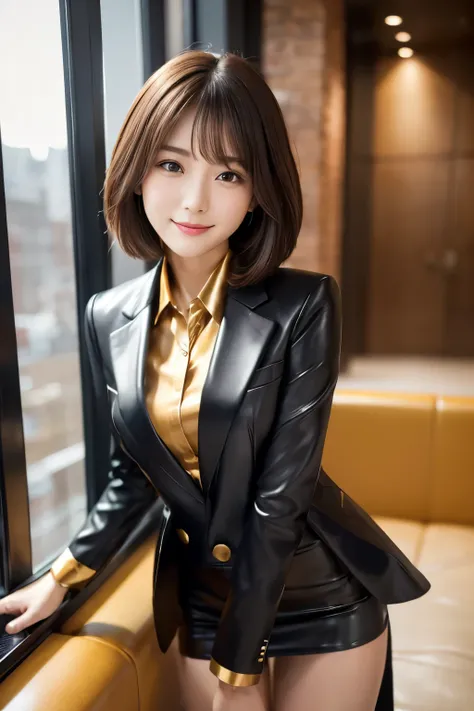 Leather business suit、Wearing a blazer、Tight Skirt、Realistic leather texture, satin gold blouse、Slim fit、RAW Photos, (8k、highest quality、masterpiece:1.2)、(Photorealistic:1.4)、 Vivid details, Realistic skin texture,short hair