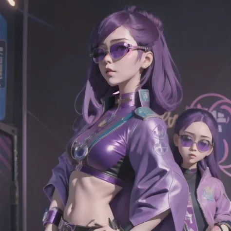 purple haired woman with purple sunglasses and a purple jacket, artwork in the style of guweiz, inspired by yanjun cheng, guweiz...