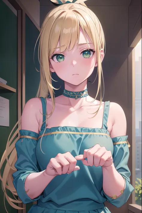 Blonde Hair, choker, (Green Eyes:1.5), Long Hair, pony tails hair, break bare shoulders, scool uniform , blush, blush stickers, Cleavage, clavicle, Have, Off the shoulder, (Blue clothes:1.5), break looking at viewer, break outdoors, city, break (masterpiec...