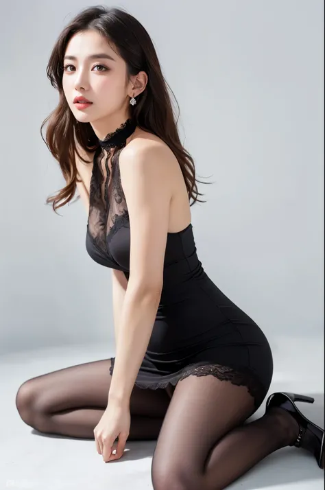 (((masterpiece))), (((highest quality: 1.4))), ((Very detailed: 1.4)) , ((Full Body Shot:1.2)), (Shot from the side), Sitting on the floor、 (See-through:1.3), ((One Woman)), Incredible beauty、Voluptuous mature woman、((choker、See-through lace dress、Ultra-re...