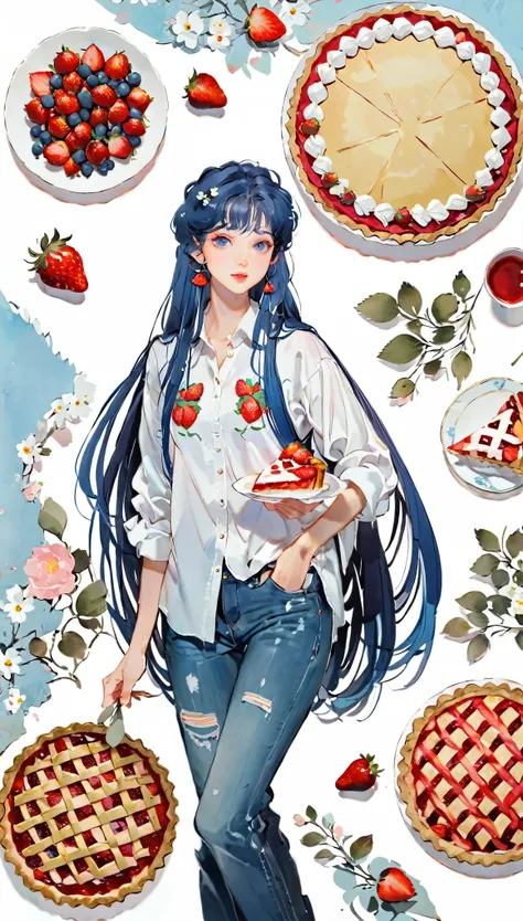 (((paper cutting style))), 1 girl, blue hair, straight long hair, portfolio, shirts, denim, strawberry pie