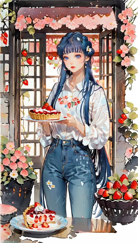 (((paper cutting style))), 1 girl, blue hair, straight long hair, portfolio, shirts, denim, strawberry pie