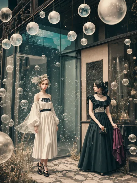 **Surrealism, dream-core, vintage fashion, editorial, abstract art, emptiness, bubbles and glassess, less color involved, faded, natural sunlights, fairyland with oceans, minimalism. --ar 16:9 --9 2 --s 750**