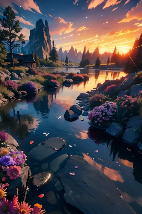 phoenix, skyrim. sunset. level, crystallization, flowers and plants, realistic, high resolution, 8k, masterpiece