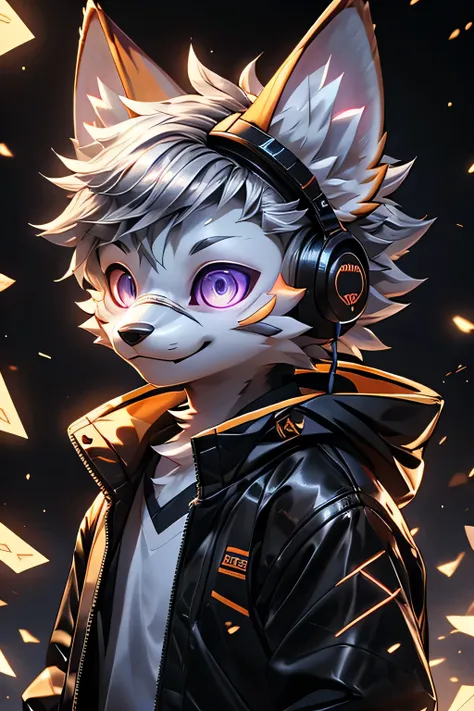 young werewolf，golden fur，wearing a black jacket with neon details，wear an electronic mask，wearing gaming headphones， whole body...