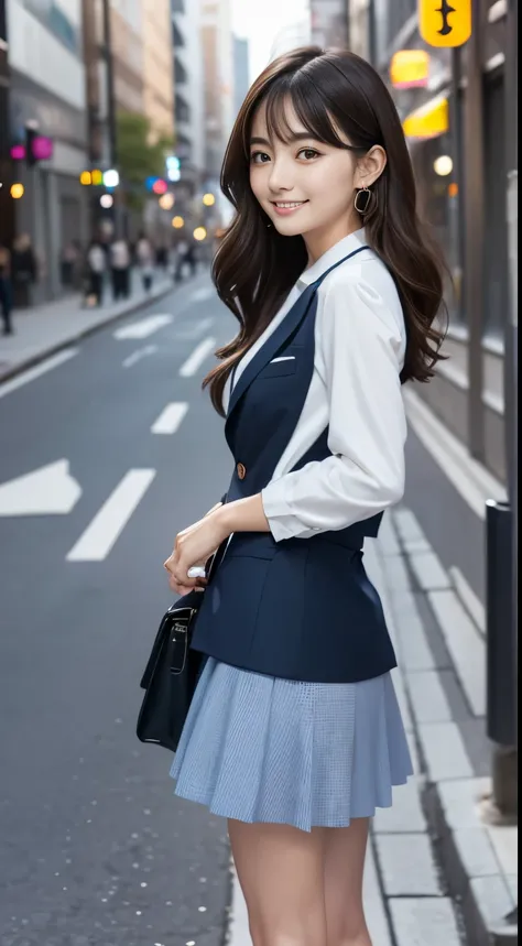 A woman standing in the streets of Ginza、Wearing a navy blue blazer、Wearing a white blouse、She is wearing a long dark blue skirt、Wearing pumps、The wind is blowing、A bag is hanging from the right shoulder、Beauty、20-year-old、university student、Uniform, cool-...