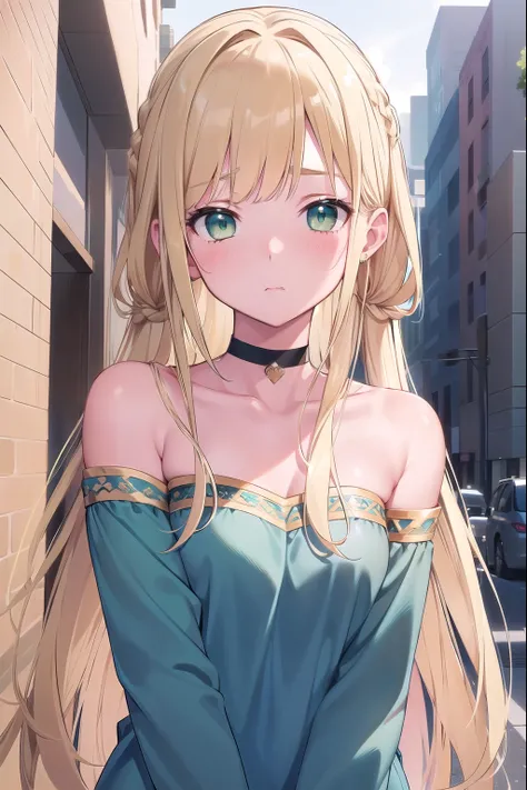 Blonde Hair, choker, (Green Eyes:1.5), Long Hair, Braided Hair,  break bare shoulders, , blush, blush stickers, clavicle, Have, Off the shoulder, (Blue clothes:1.5), break looking at viewer, break outdoors, city, break (masterpiece:1.2), highest quality, H...