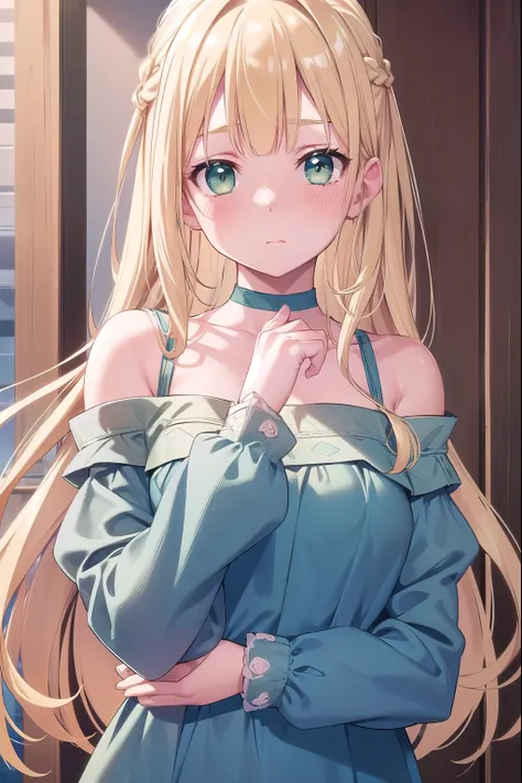 Blonde Hair, choker, (Green Eyes:1.5), Long Hair, Braided Hair,  break bare shoulders, , blush, blush stickers, clavicle, Have, Off the shoulder, (Blue clothes:1.5), break looking at viewer, break outdoors, city, break (masterpiece:1.2), highest quality, H...