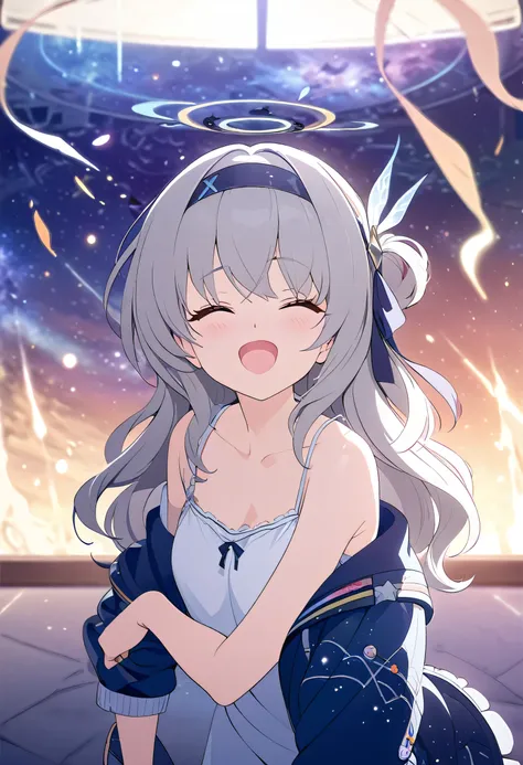 (masterpiece, best quality:1.2), (High resolution, Abstract:1.1), Super detailed, 1 Girl, Cute pose, camisole, Off-shoulder, Open your mouth, Smile, blush,fireflydef, jacket, dress, bow, hairband, hair ornament, grey hair,starsky,galaxy,