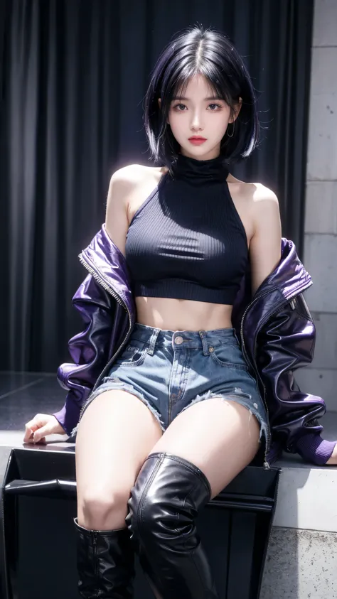 best quality, 1 Girl, dark blue hair, black eyes, Very short hair, Spiky hair, purple Crop Top Drape, purple jacket,  high waist short,Wearing long black boots、171 cm, Messy hair, Hair between the eyes, Medium breasts, full, Tomboy, aldult, 20 years old, 1...