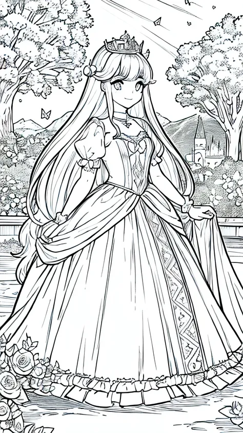 Create a black-and-white coloring page for children featuring a beautiful princess in a magical kingdom. The image should include the princess wearing a lovely gown and a crown, standing in front of her castle with a background of trees, flowers, and a shi...