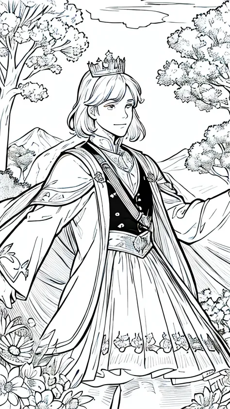 Create a black-and-white coloring page for children featuring a brave prince in a magical kingdom. The image should include the prince wearing a royal outfit and a crown, standing in front of his castle with a background of trees, flowers, and a shining su...