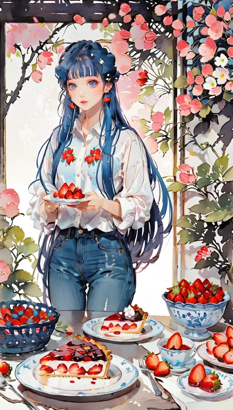 (((paper cutting style))), 1 girl, blue hair, straight long hair, portfolio, shirts, denim, strawberry pie