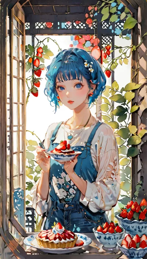 (((paper cutting style))), 1 girl, blue hair, curry short hair, portfolio, shirts, denim, strawberry pie