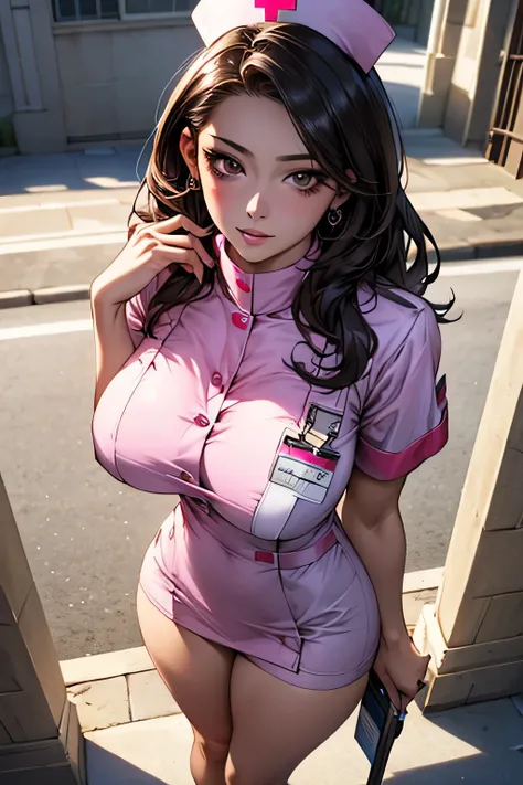 ((40yo, Bitch)), ((Sexy shiny nurse uniform)), masterpiece, (From above), ((Big Breasts)), (Big Hips), (Sexy pose), (Very tanned and shiny skin),  (Skin dents), photoRealistic, Realistic, alone, photoRealistic, highest quality, Ultra-high resolution, Yura ...