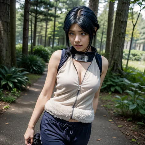 photorealistic, masterpiece, photorealistic, high resolution, soft light, hips up, cunt up, Byakugan white-eyes, blue hair, long hair, Intricate details EABA, vest, white vest, pants, Ninja, Hinata Hyuga, Konoha forest