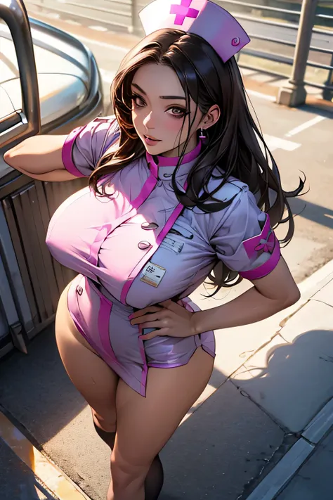 ((40yo, Bitch)), ((Sexy shiny nurse uniform)), masterpiece, (From above), ((Big Breasts)), (Big Hips), (Sexy pose), (Very tanned and shiny skin),  (Skin dents), photoRealistic, Realistic, alone, photoRealistic, highest quality, Ultra-high resolution, Yura ...