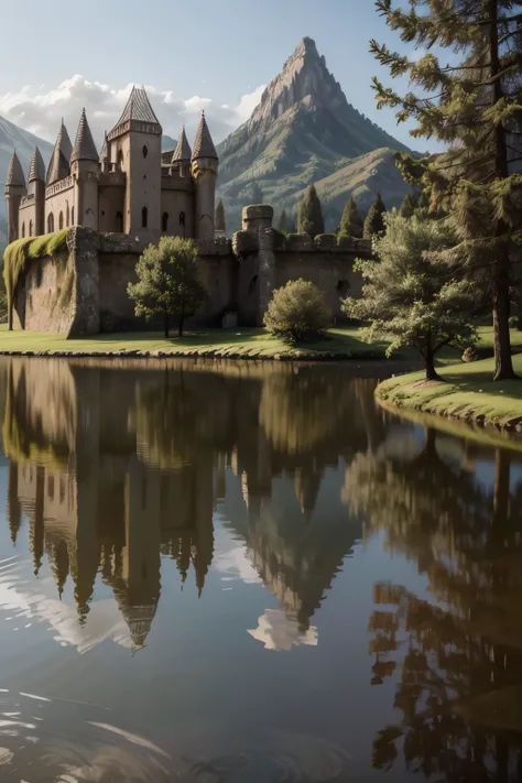 girls near 2ruined castle facing a lake, where its reflection hits the water and reflects on this in its glory days  