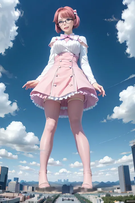 giantess art, highly detailed giantess shots, giantess, Two legs, Five fingers, short hair, A beautiful girl who is bigger than a skyscraper, Wearing rimless glasses, smile, Big Breasts, pink dress, bow, magical girl, pink gloves, pink pantyhose, no shoes ...