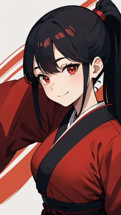 highest quality、Realistic、Women、Japanese、zoom、Black Hair、Red eyes、ponytail、Hakama、Grim face、Looking down、smile、Bust Shot、　