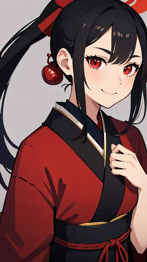 highest quality、Realistic、Women、Japanese、zoom、Black Hair、Red eyes、ponytail、Hakama、Grim face、Looking down、smile、Bust Shot、　