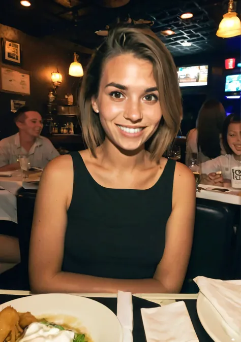 wide angle, woman at table booth,soft smile
dark low lit , clutter,  
date night, elegant restaurant, 
crowded, 
((dimly lit, low lit, deep focus, snapchat))
 bad quality , grainy jpg , blurred, motionblur, ugly,