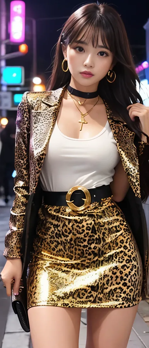 Gorgeous idol girl、whole body、Good style、、、、、、、、、、Tanned thick legs、Night Town、Gold and pink leopard print mini dress、、Cross Belt、、Shiny Jacket