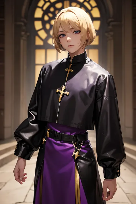 A priest with blonde bob hair and gold-eyed purple straps wearing leather clothing.