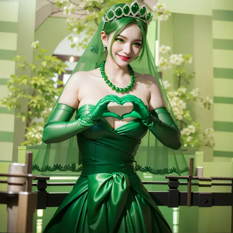 Emerald tiara, Green Pearl Necklace, Boyish very short green hair, Green Lips, Smiling Japanese woman, Very short hair, Busty beautiful lady, Green Eyes, Green satin long gloves, Green Eyes, Emerald Earrings, Green veil, Heart with both hands, Green Hair, ...