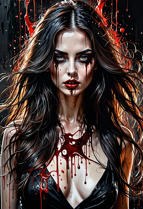 Generate a full realism image hot lady ,creepy features detailed eyes long hair making a walking motion in a background of a artsy dark art with splash of blood