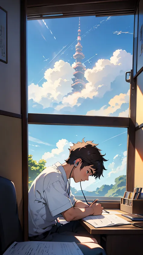 A beautiful boy studying in his room with headphones, Japanese anime style。Outside the room, the summer sky is spreading and I can see the plane trails.。