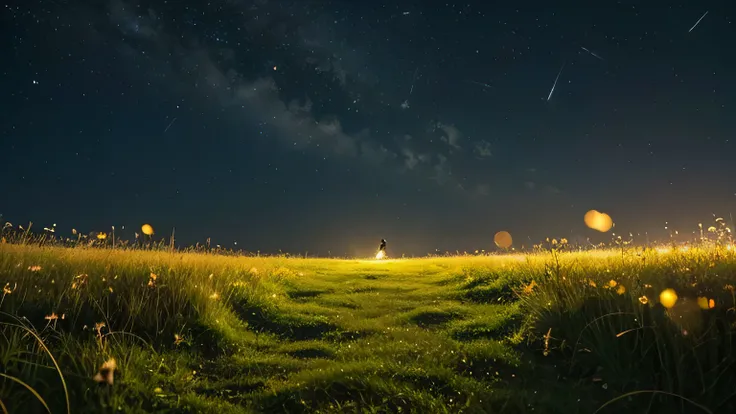 Fireflies in the grassland:
The fireflies that light up the grassland、Creates a magical and enchanting atmosphere. The soft light against the dark background is mesmerizing and romantic.。.