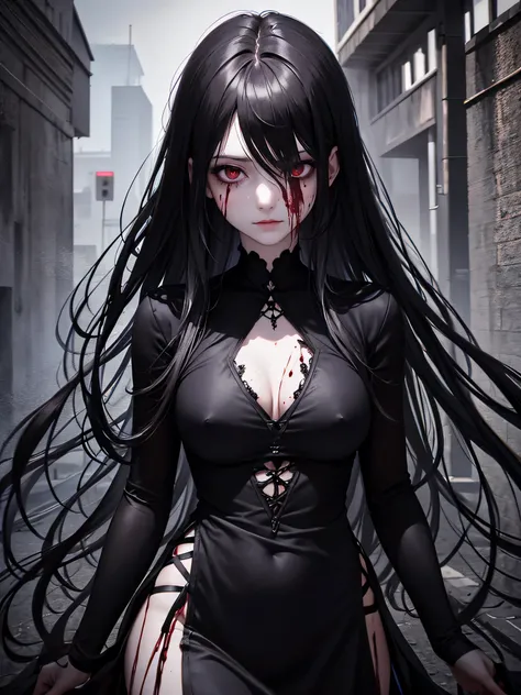 Generate a full realism image hot lady ,creepy features detailed eyes long hair making a walking motion in a background of a artsy dark art with splash of blood