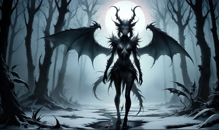 Quentin Blake Style Photography, wlop,full body length,once pretty,full body,bailong plant Caribbean sparas made of dead charcoal plants,charcoal Alien Krampus,ominous winter landscape, niobium graphite atmosphere,dangerous atmosphere,intricate details,rea...