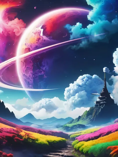 dreamy anime scenery, multicolored space smoke