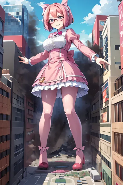 giantess art, highly detailed giantess shots, giantess, Two legs, Five fingers, short hair, A beautiful girl who is bigger than a skyscraper, Wearing rimless glasses, smile, Big Breasts, pink dress, bow, magical girl, magical girl wand, pink pantyhose, pin...