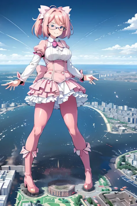 giantess art, highly detailed giantess shots, giantess, Two legs, Five fingers, short hair, A beautiful girl who is bigger than a skyscraper, Wearing rimless glasses, smile, Big Breasts, pink dress, bow, magical girl, magical girl wand, pink pantyhose, pin...