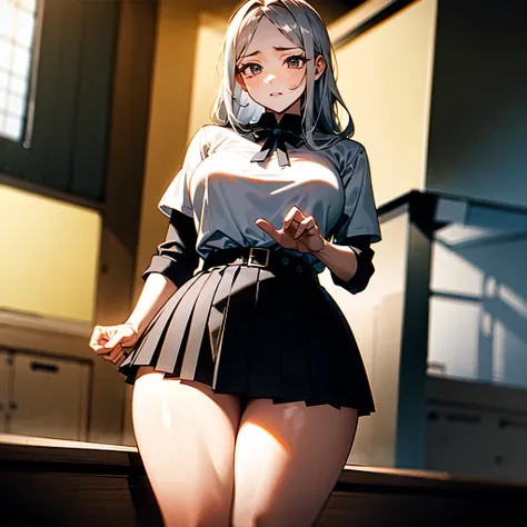 inexpressive, willowy, (long silver hair that falls in loose waves) , modest white blouse , black pleated miniskirt, large hips, classroom, [ Detailed lighting, detailedshadows, 4K, high-quality, breathtaking, super detailing， high detal, tmasterpiece, off...