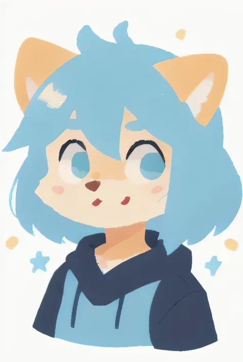 In this digital sketch portrait, a furry boy, art style similar to a cartoon, is portrayed wearing casual classic clothes, exuding an aura of happiness, colored. He is seen wearing a basic classic outfit, with a vibrant blue sweater and black jeans. His ex...